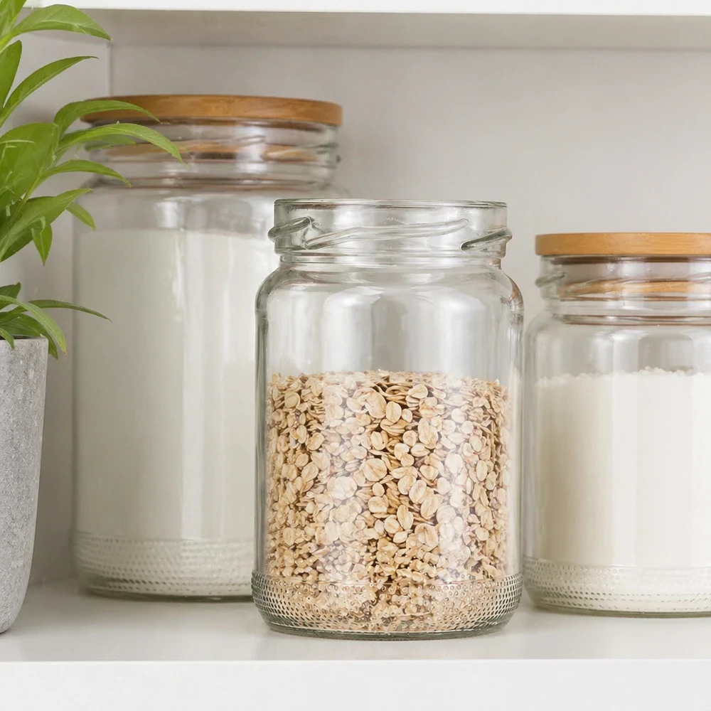 110ml Verre rond sans couvercle (TO48) UNiTWIST Pot rond 110ml avec couvercle en bambou rempli de flocons d'avoine à côté d'autres bocaux de stockage dans la cuisine moderne
