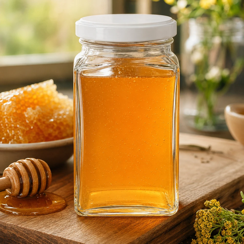 260ml Tetraglas BasicSeal rempli de miel sur planche en bois rustique avec cuillère à miel et fleurs sauvages style cuisine de campagne