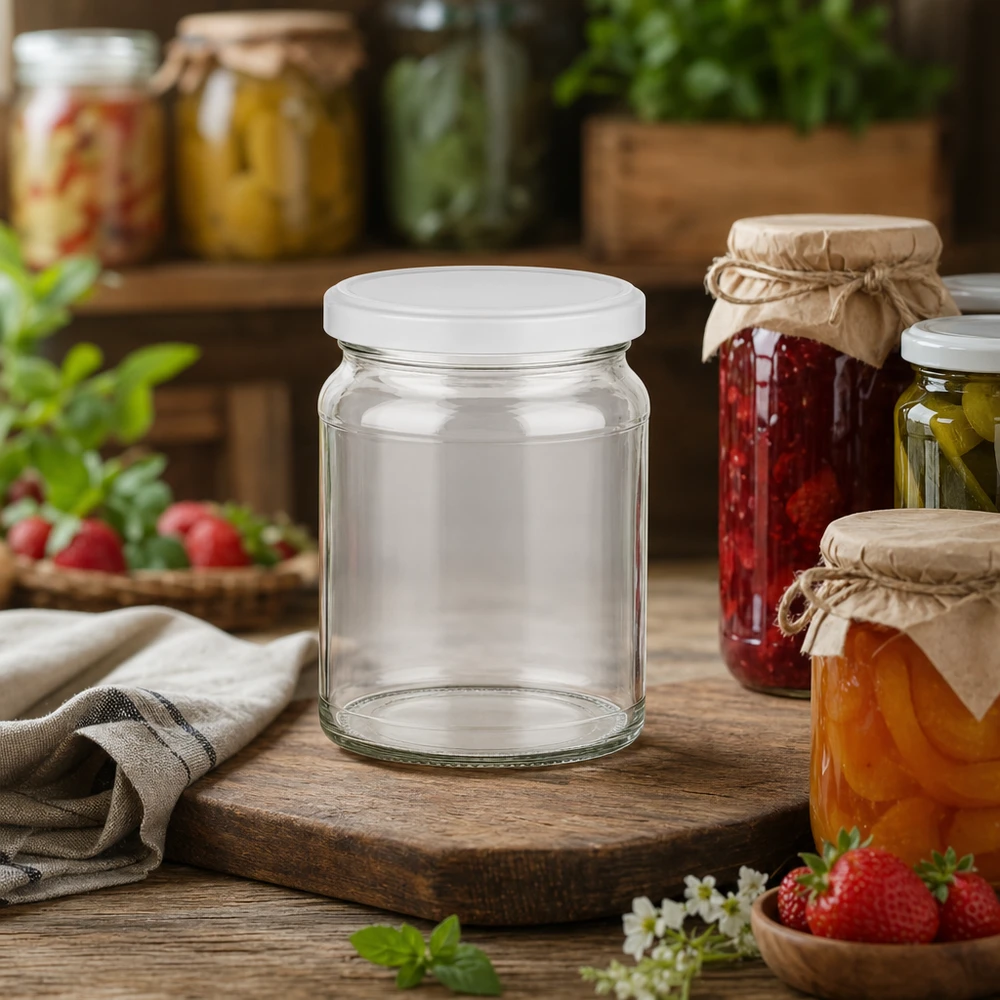 205ml Verre rond avec couvercle BasicSeal blanc UNiTWIST Pot rond de 205ml avec couvercle BasicSeal entre les marmelades et confitures faites maison - parfait pour la mise en conserve