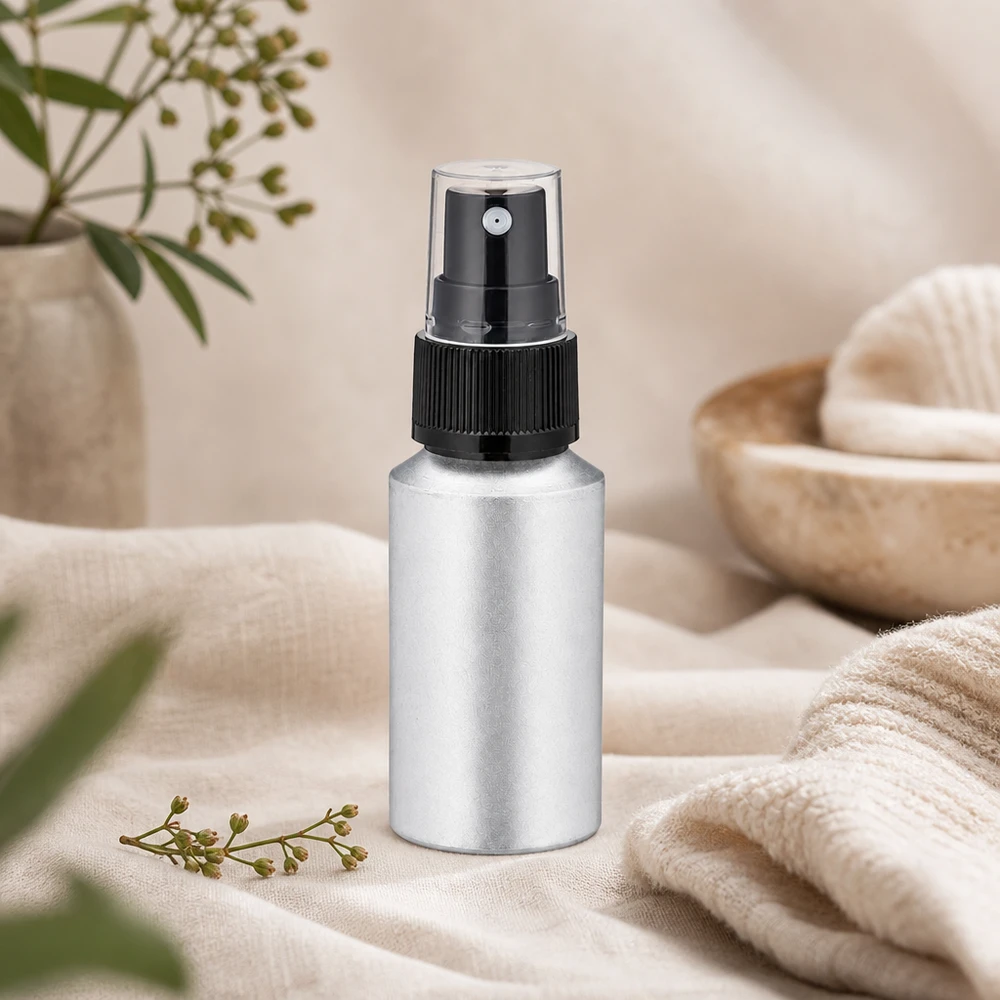 Bouteille en aluminium teinté 30 ml, avec vaporisateur à pompe noir Flacon pratique en aluminium décapé de 30 ml avec une fine brume pour les routines beauté et les soins de la peau