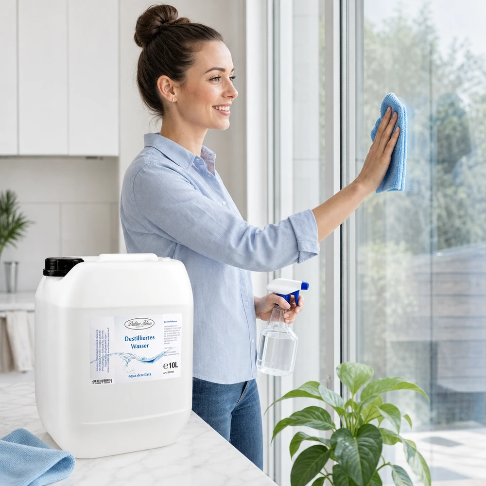 Femme nettoie les fenêtres avec de l'eau distillée Docteur-Klaus 10L pour des résultats sans traces