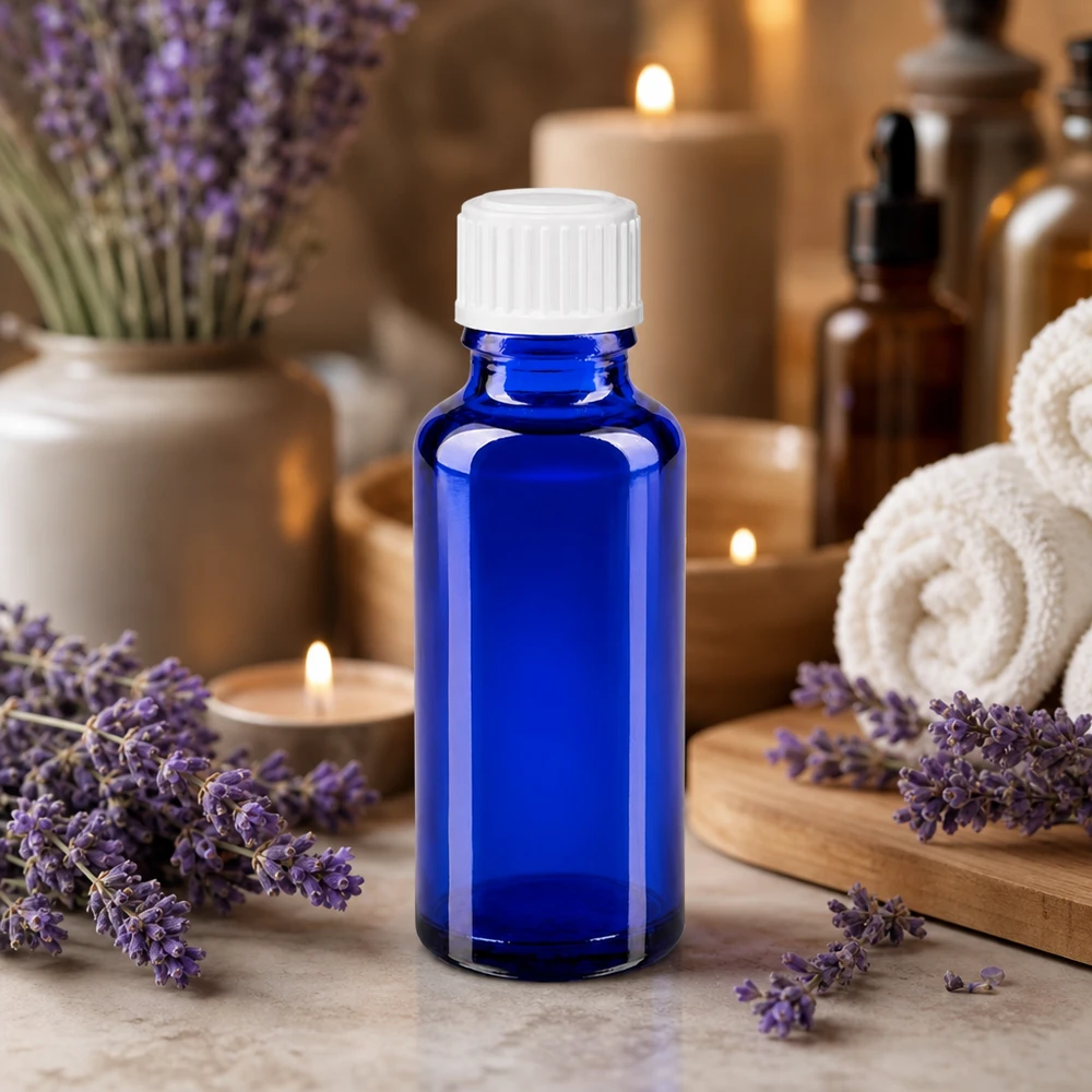 Flacon de pharmacie bleu 30ml bouchon vissable blanc standard Flacon en verre bleu de 30 ml avec bouchon de sécurité blanc pour enfants, destiné aux huiles essentielles