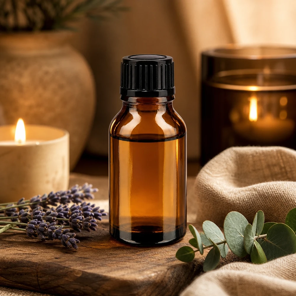 Flacon à pharmacie brun 15ml bouchon compte-gouttes noir 1mm std Flacon protecteur de lumière de 15 ml en verre ambré avec bouchon compte-gouttes noir, posé sur un support en bois orné de lavande