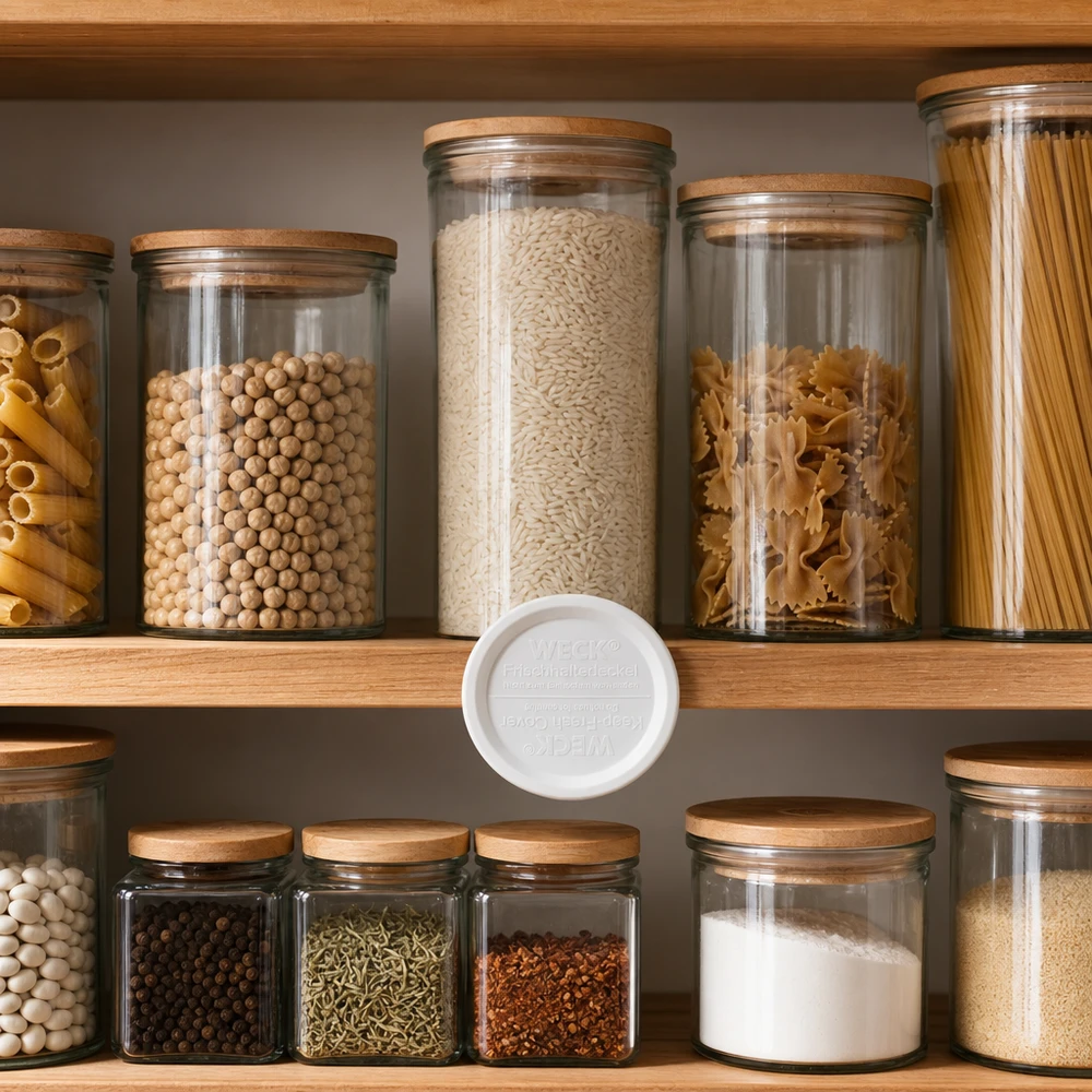WECK Couvercle de conservation RR120 blanc en garde-manger organisé avec pâtes riz légumineuses épices bocaux à provisions