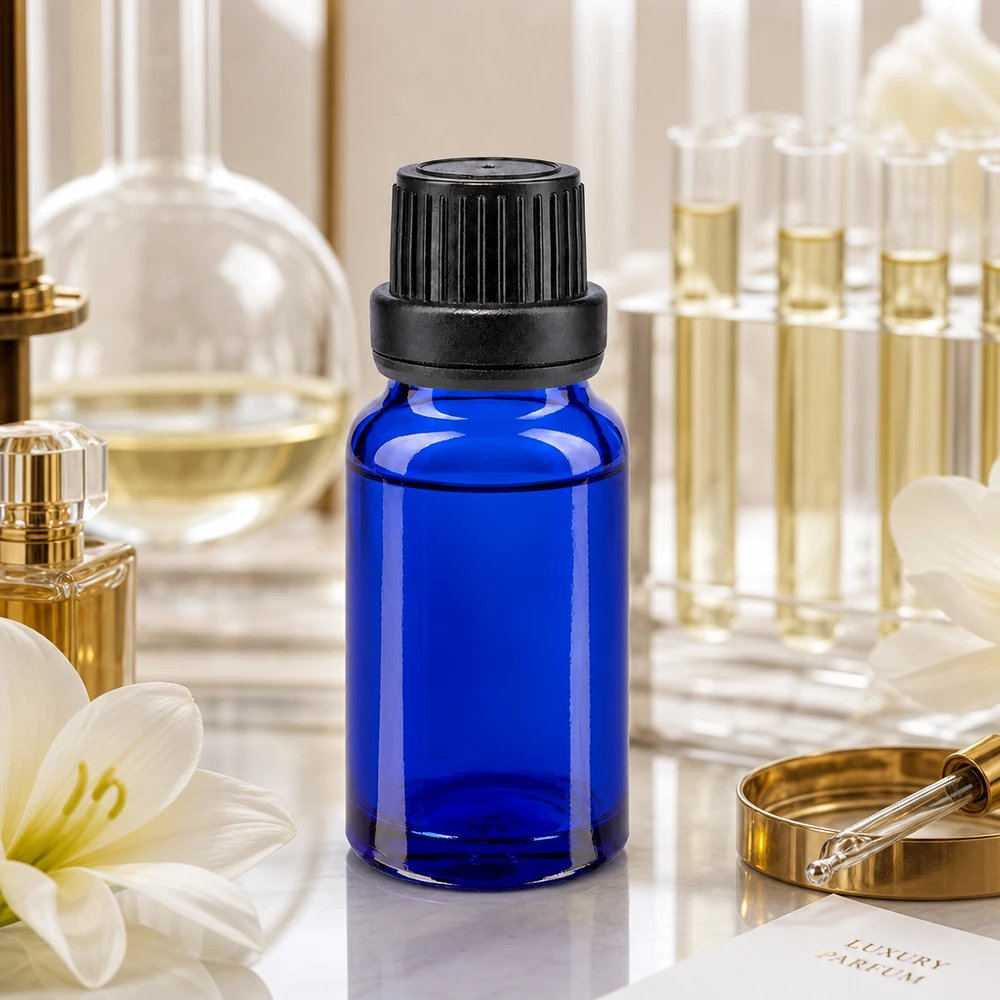 Flacon de pharmacie bleu de 10 ml avec bouchon d'inviolabilité noir et compte-gouttes fin de 2 mm pour huiles