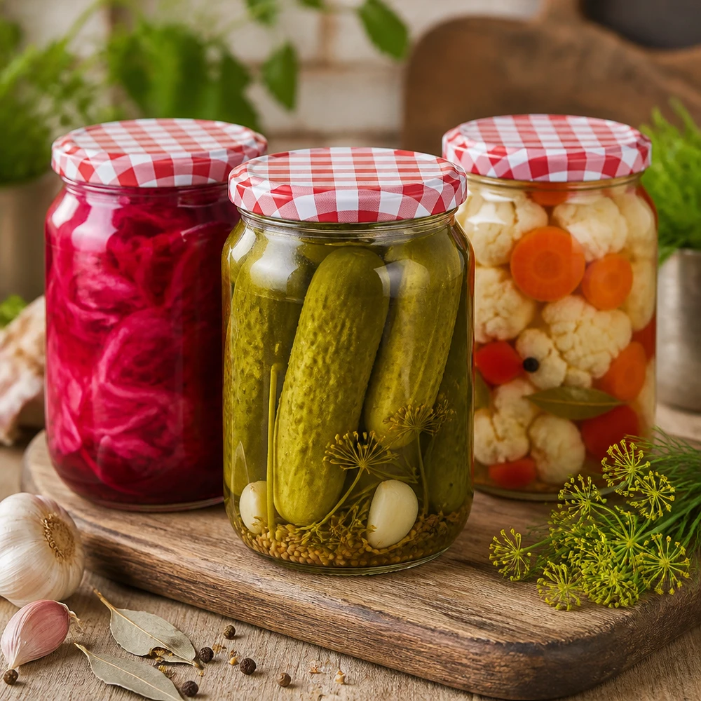 795ml Verre rond avec couvercle BasicSeal rouge/blanc UNiTWIST 795ml Bocal rond BasicSeal Couvercle avec cornichons marinés, choucroute et légumes mélangés sur planche en bois avec épices