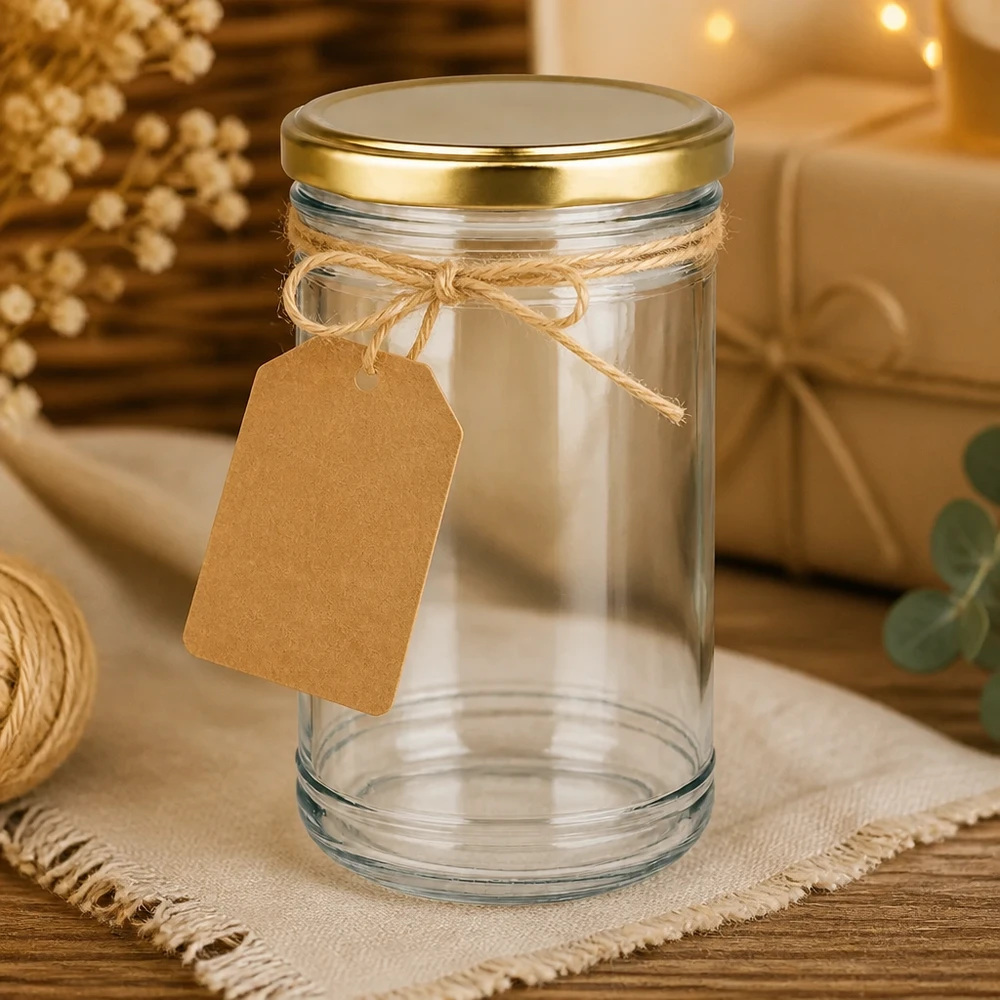 1053ml Verre conique avec couvercle BasicSeal or UNiTWIST 1053ml verre renversé avec couvercle BasicSeal doré et étiquette en papier kraft décorée comme emballage cadeau DIY
