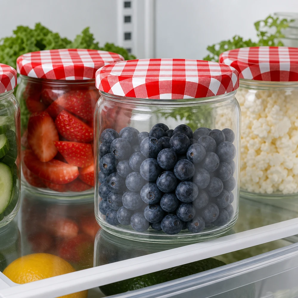408ml bocal rond réfrigérateur conservation myrtilles fraîches fraises BasicSeal couvercle rouge blanc à carreaux Meal Prep