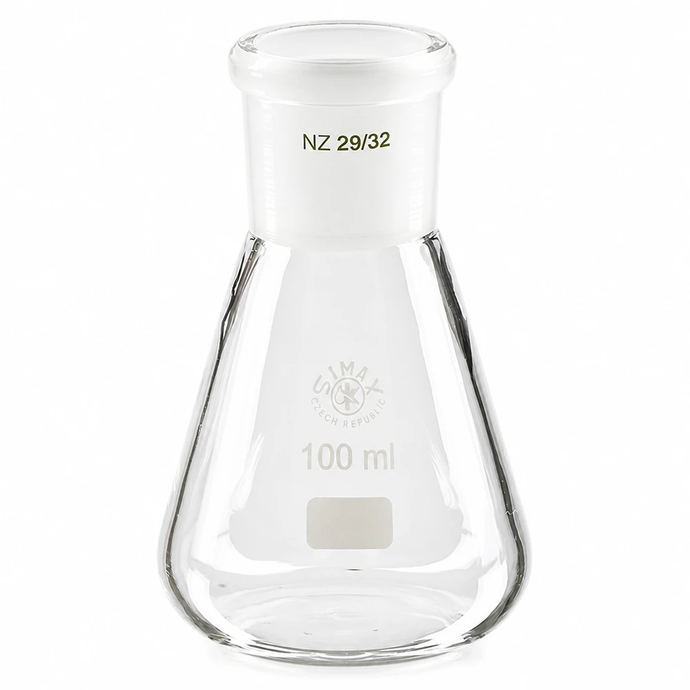 Erlenmeyer 100 ml col large, verre borosilicate avec rodage normalisé 29/32 Erlenmeyer 100 ml col large, verre borosilicate avec rodage normalisé 29/32