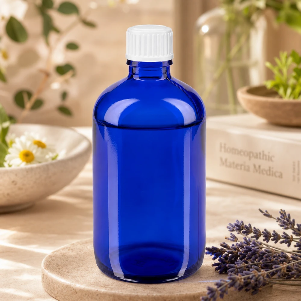 Flacon de pharmacie bleu 100ml bouchon vissable blanc standart Flacon en verre bleu de 100 ml avec un bouchon blanc, à côté de la lavande et d'un livre sur l'homéopathie