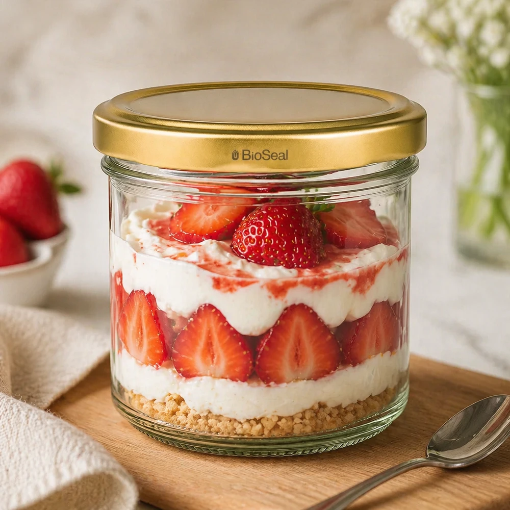 125ml Verre conique avec couvercle BioSeal or UNiTWIST UNiTWIST Verre à dessert de 125ml avec trifle à la fraise - couvercle TO66 doré sur planche en bois avec cuillère et décoration