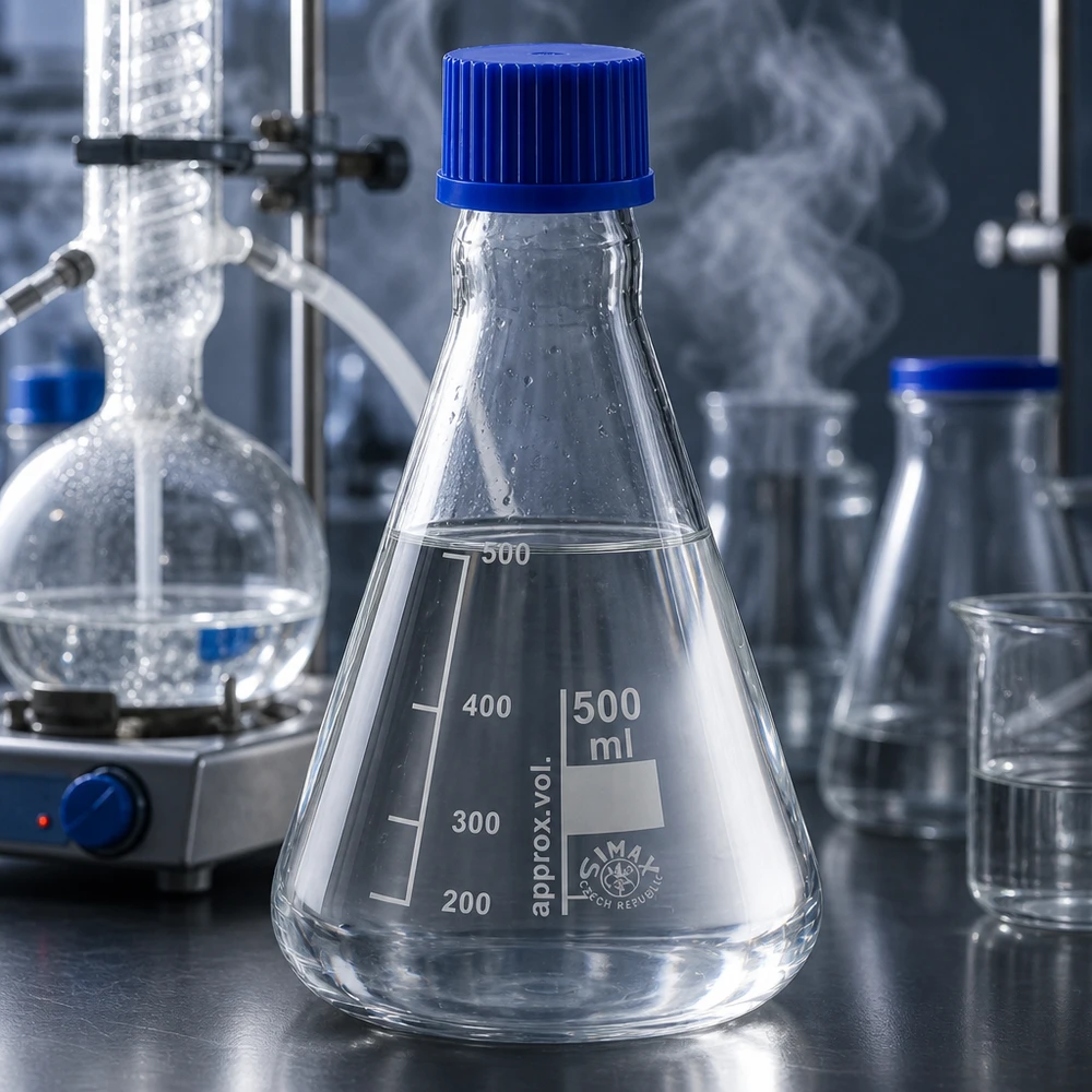 Erlenmeyer 500 ml col étroit, verre borosilicate avec filetage et bouchon Erlenmeyer 500ml avec col large et filetage pour travaux de laboratoire universels
