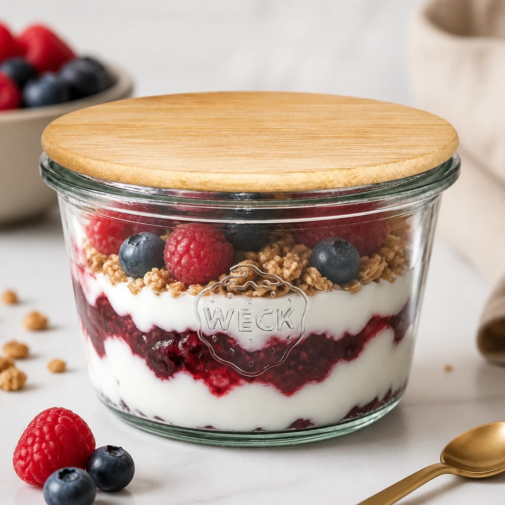 370ml bocal conique WECK RR100 avec couvercle en bois WECK RR100 Pot renversé 370ml avec couvercle en bambou rempli de muesli aux fruits rouges en couches - Yaourt Granola Framboises