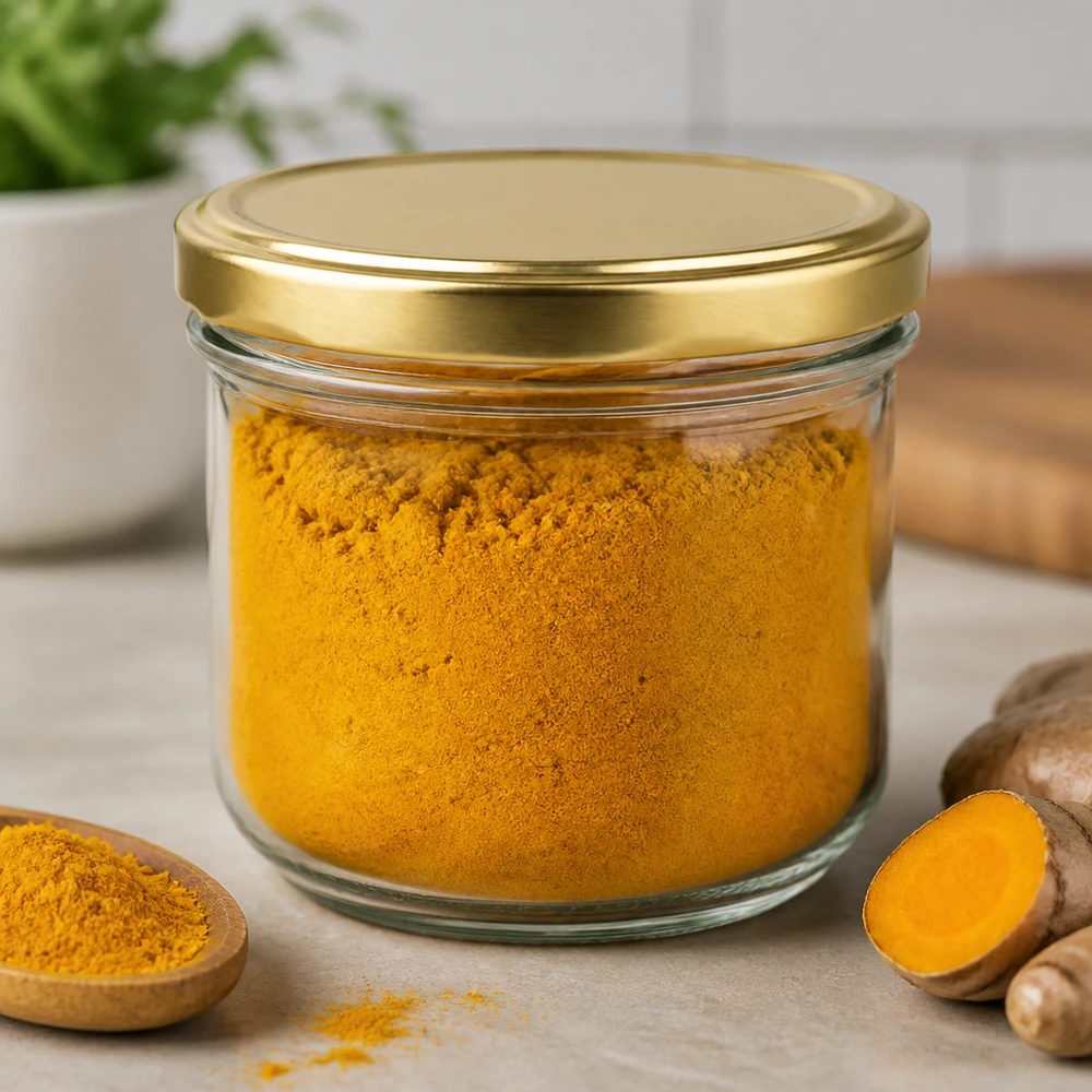 260ml Verre conique avec couvercle BasicSeal or UNiTWIST Pot de 260 ml rempli de poudre de curcuma et couvercle BasicSeal doré montre une utilisation polyvalente pour les épices
