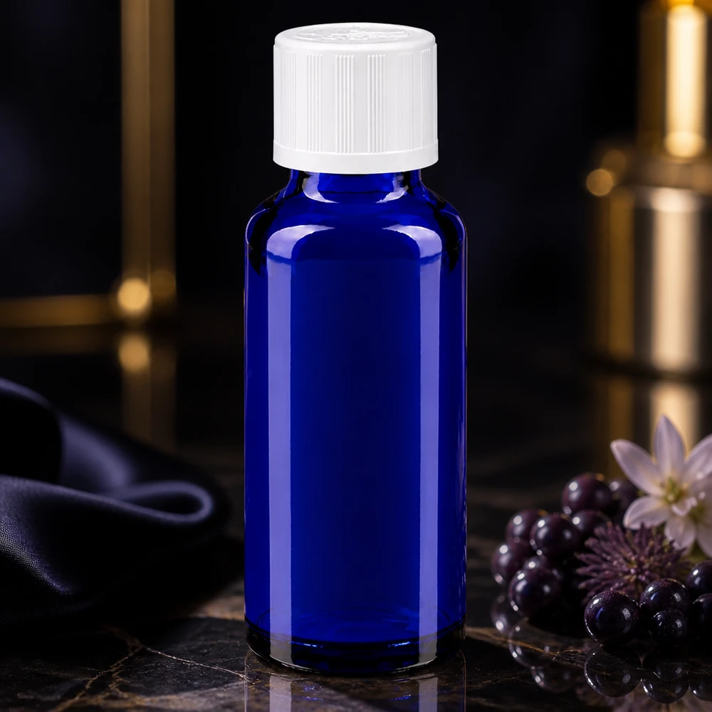 Flacon de pharmacie de 30 ml, bleu cobalt, avec bouchon de sécurité enfant blanc sur fond marbré