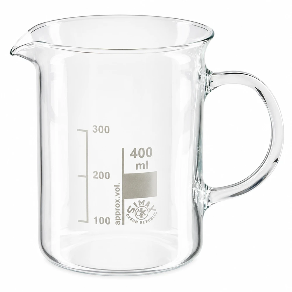Bécher avec poignée 400ml en verre borosilicate résistant à la chaleur (forme normale) Bécher de 400 ml en verre borosilicaté, muni d'une anse et d'une graduation en millilitres jusqu'à 300 ml