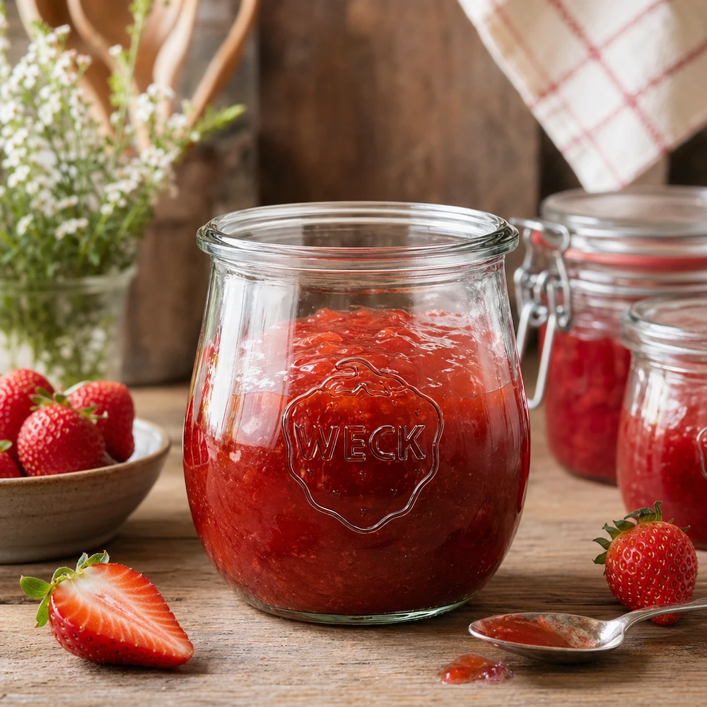 WECK Pot tulipe 220ml RR60 rempli de confiture de fraises rouges sur une table rustique en bois avec des fraises fraîches