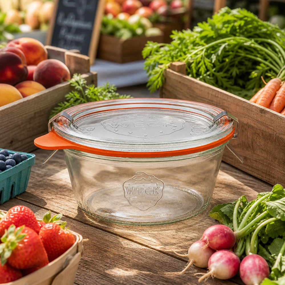 290ml bocal conique faible complet WECK RR80 WECK Pot renversé 290ml RR100 avec anneau en caoutchouc orange entre les légumes frais du marché Fruits à mettre en conserve