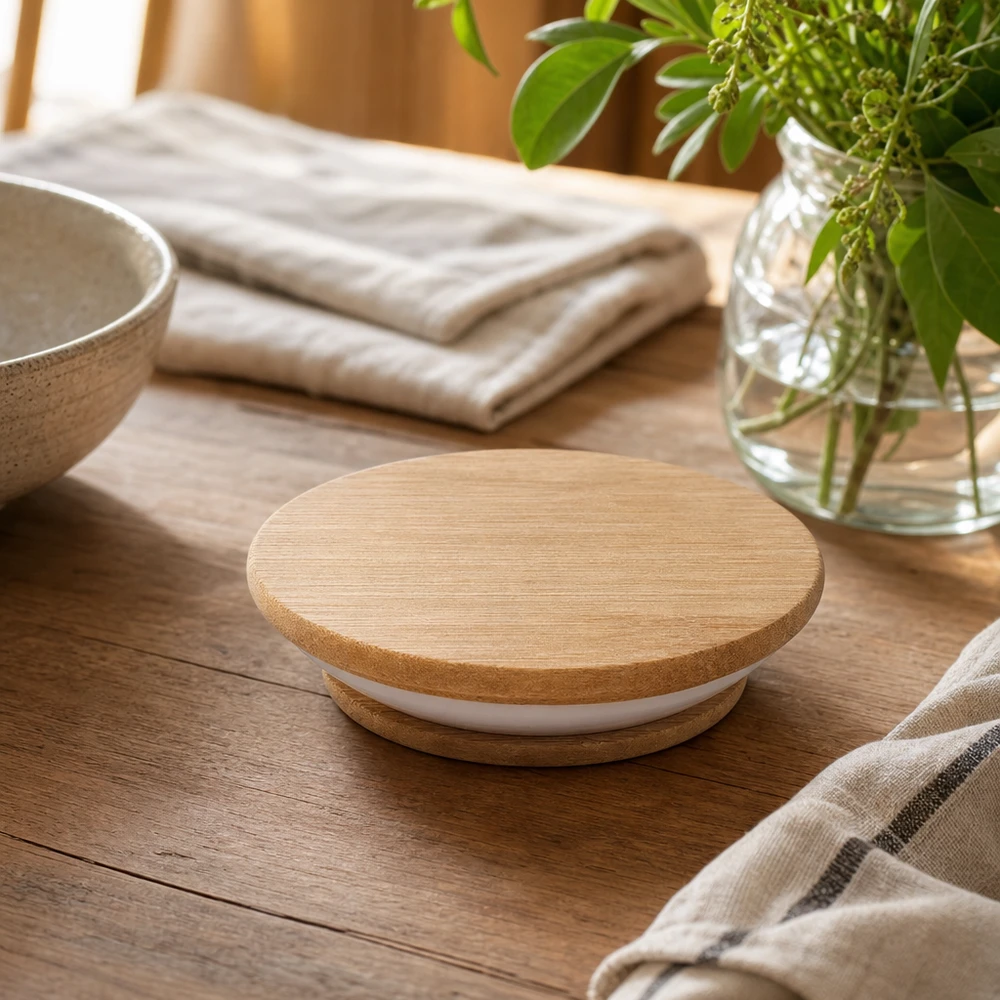 WECK Couvercle en bois RR80 Version A Prise de vue lifestyle sur table en bois avec décoration montre une intégration naturelle dans l'ambiance de l'habitat