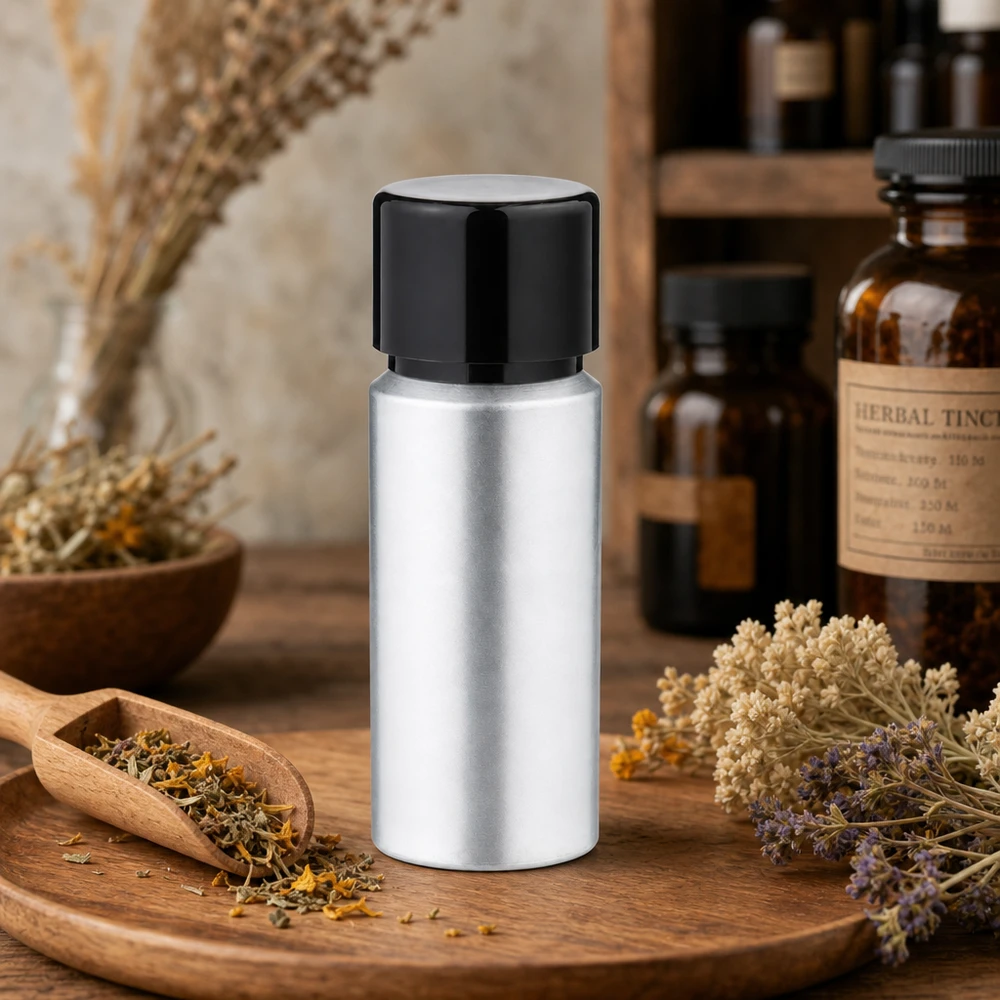 Bouteille en aluminium teinté 20 ml, avec bouchon à vis noir et joint conique Bouteille métallique robuste de 20 ml avec bouchon à vis - protection contre les UV pour les substances sensibles à la lumière