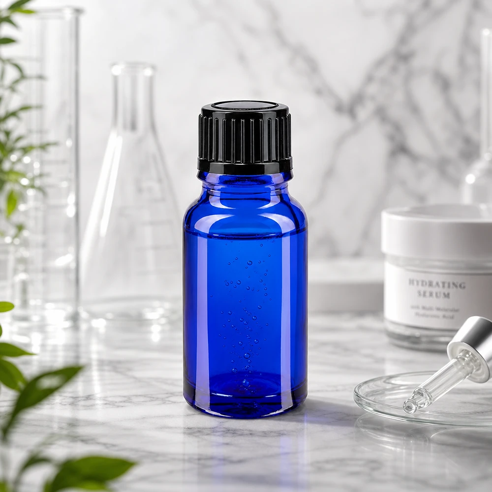 Flacon de pharmacie bleu 10ml bouchon vissable noir standart Flacon de pharmacie bleu de 10 ml avec bouchon noir, à côté d'un ballon de laboratoire et d'un sérum à l'acide hyaluronique
