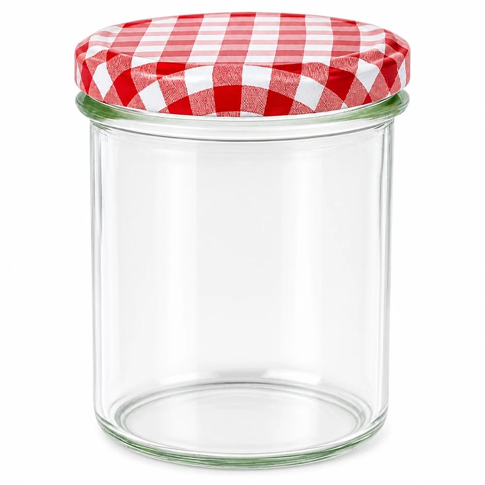 Pot de 350ml avec couvercle BasicSeal à carreaux rouges et blancs, bocal vide pour confitures et conserves.