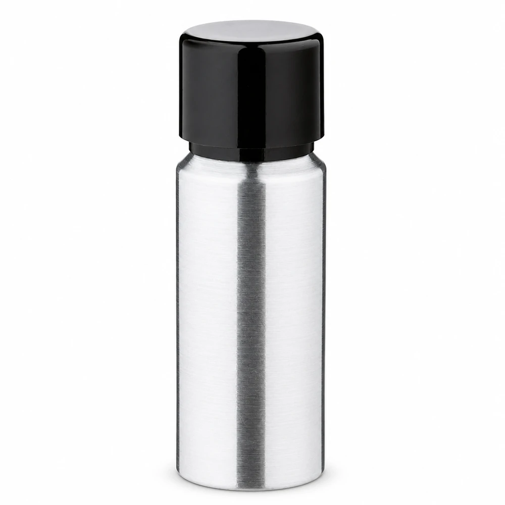 Flacon cylindrique en aluminium de 20 ml au design élégant et au bouchon à vis pratique