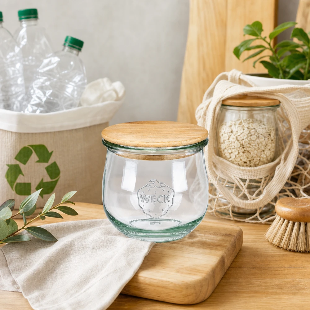370ml bocal tulipe WECK RR80 avec couvercle en bois WECK Pot tulipe 370ml RR80 avec couvercle en bois dans une cuisine durable zéro déchet avec des ustensiles recyclés et des décorations naturelles