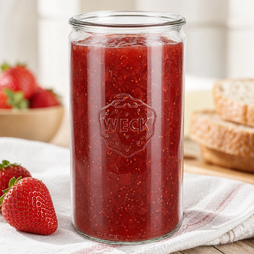 WECK Zylinderglas 1590ml RR100 gefüllt mit Erdbeermarmelade neben frischen Erdbeeren und Brot in heller Küche