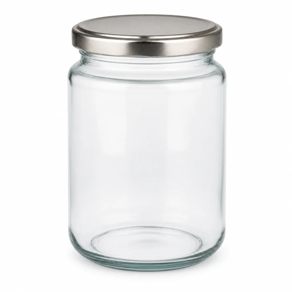Pot rond de 382ml avec couvercle BasicSeal argenté vide sur fond blanc Pot de conservation