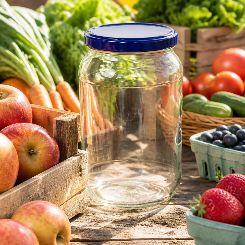 1062ml Verre rond avec couvercle BasicSeal bleu UNiTWIST 1062ml Pot rond BasicSeal couvercle bleu UNiTWIST vide sur table en bois avec fruits frais légumes pot à confiture