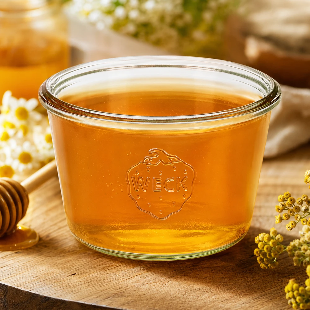 370ml bocal conique WECK RR100 WECK Verre renversé 370ml RR100 rempli de miel sur table en bois avec camomille et nid d'abeille