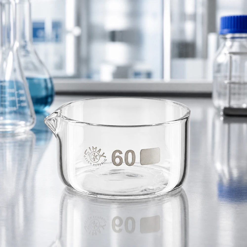 Coupelle de cristallisation 60 ml avec bec verseur Coupelle en verre 60 ml, coupelle de cristallisation à fond plat, bec verseur, matériel de laboratoire, coupelle d'évaporation Simax