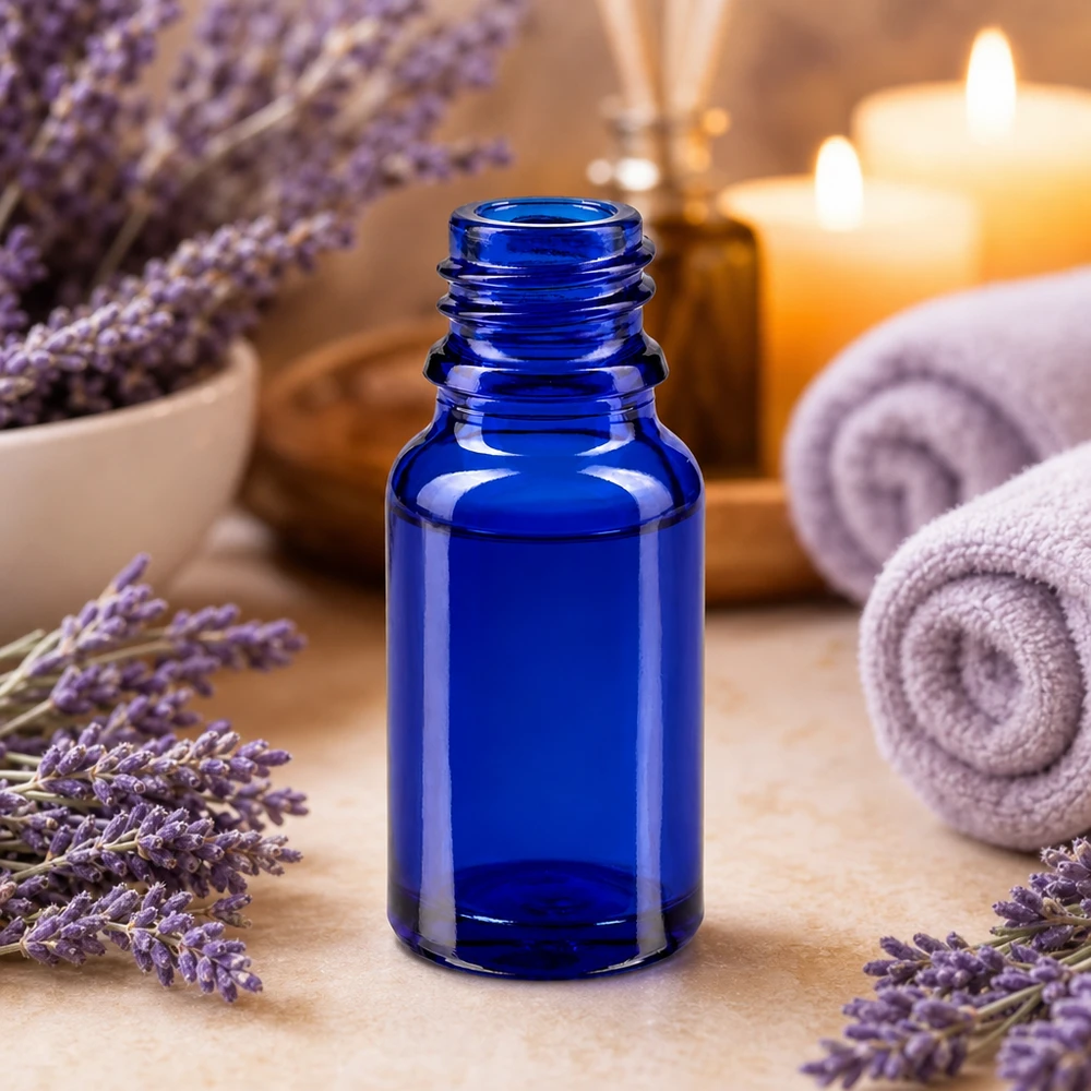 Flacon 10 ml DIN18 - verre bleu Petit flacon en verre bleu de 10 ml avec ouverture pratique pour un dosage précis des liquides