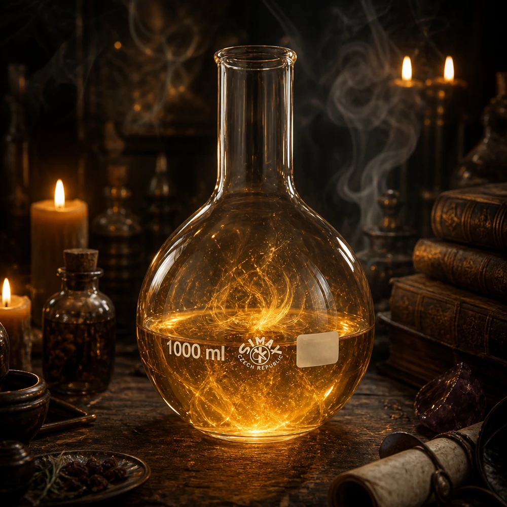 Ballon rond classique de 1000 ml dans un équipement de laboratoire traditionnel avec des livres anciens