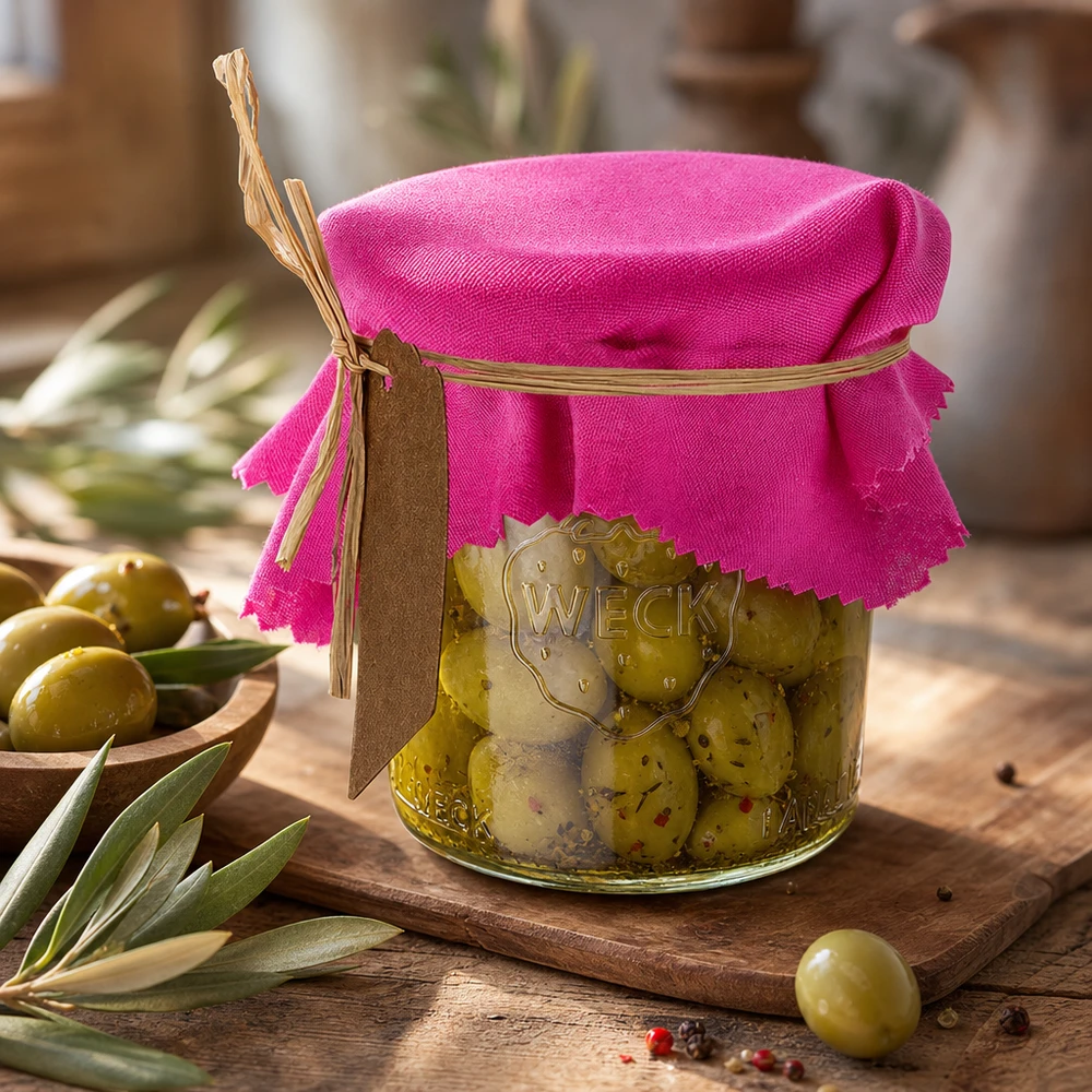 Cache-bijoux en tissu rose 12cm carré sur verre à olives avec raphia et étiquette dans une scène de décoration méditerranéenne