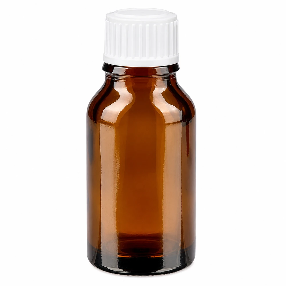 Flacon de pharmacie en verre brun de 15 ml avec bouchon à vis blanc