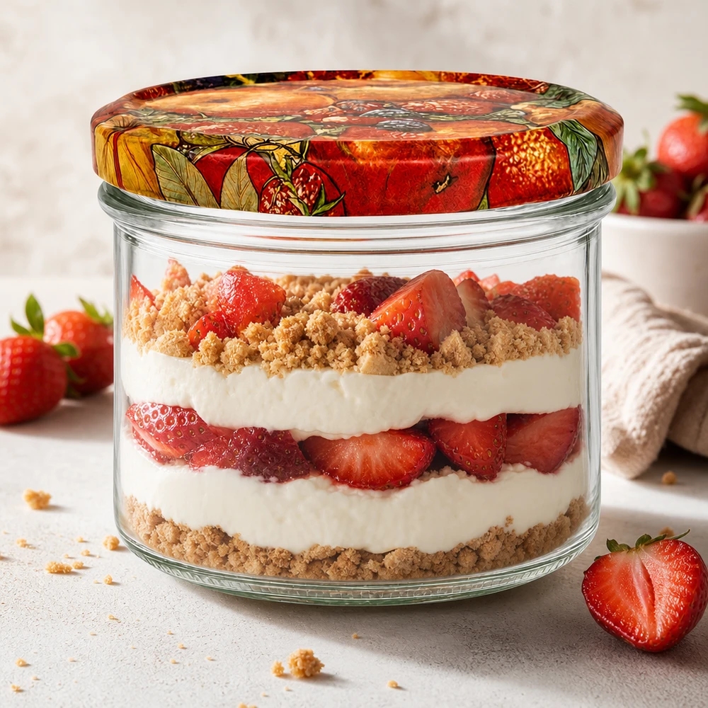 Verre renversé de 225 ml décor fruits rempli d'une couche crémeuse de fraises, verre à dessert pour tiramisu et parfait