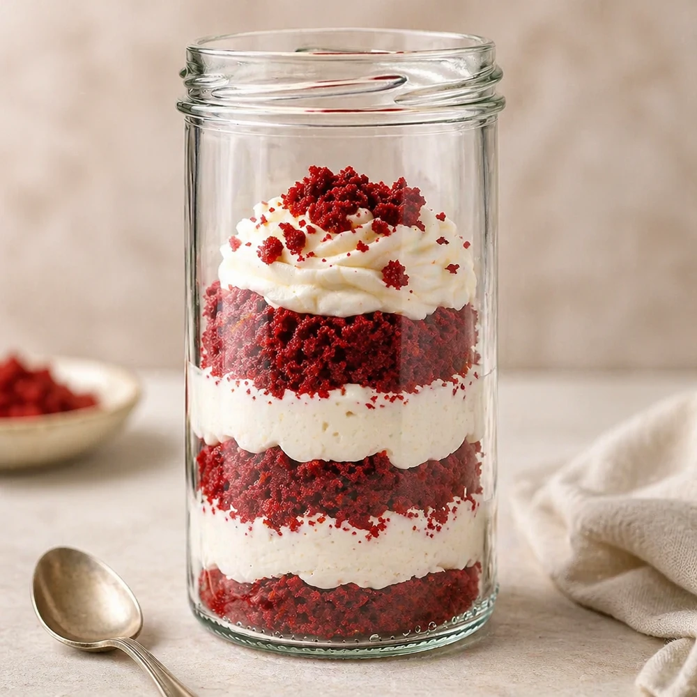 Dessert Red Velvet dans un verre renversé UNiTWIST de 277 ml avec de la crème et des vermicelles rouges disposés en couches