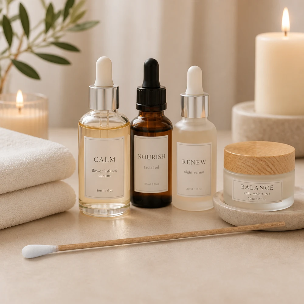 Cotons-tiges non stériles à tige en bois, à côté des produits de soin Calm Serum et Balance Moisturizer