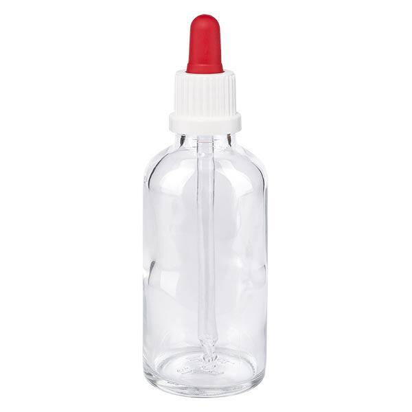 Flacon clair 50 ml + pipette rouge et blanche à système d'inviolabilité Flacon clair 50 ml + pipette rouge et blanche à système d'inviolabilité