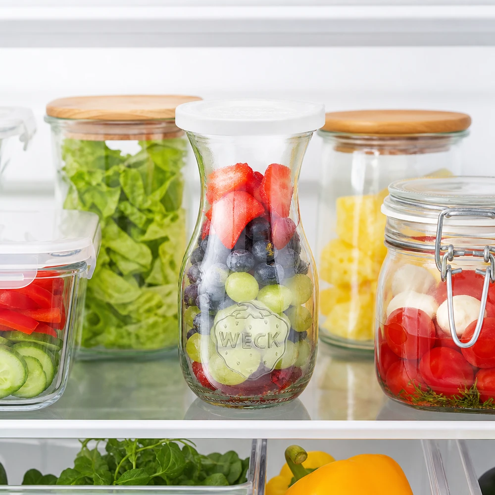 WECK Bouteille de jus de 290 ml avec couvercle fraîcheur au réfrigérateur remplie de baies à côté des bocaux Meal Prep avec salade