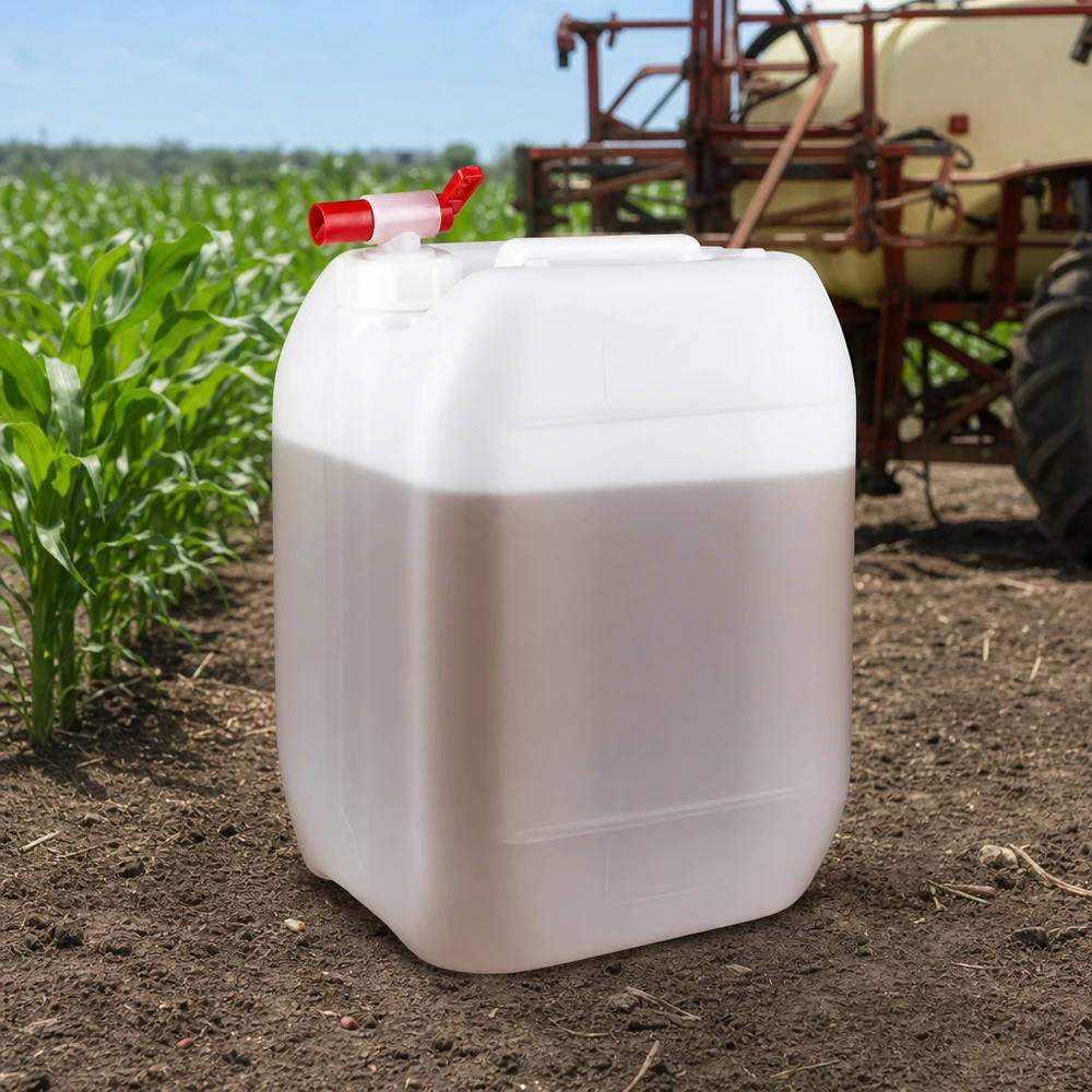 Jerrican de 10 litres avec robinet Bidon blanc de 10 litres muni d'un robinet rouge, posé dans un champ à côté d'une culture de maïs et d'un tracteur pulvérisateur