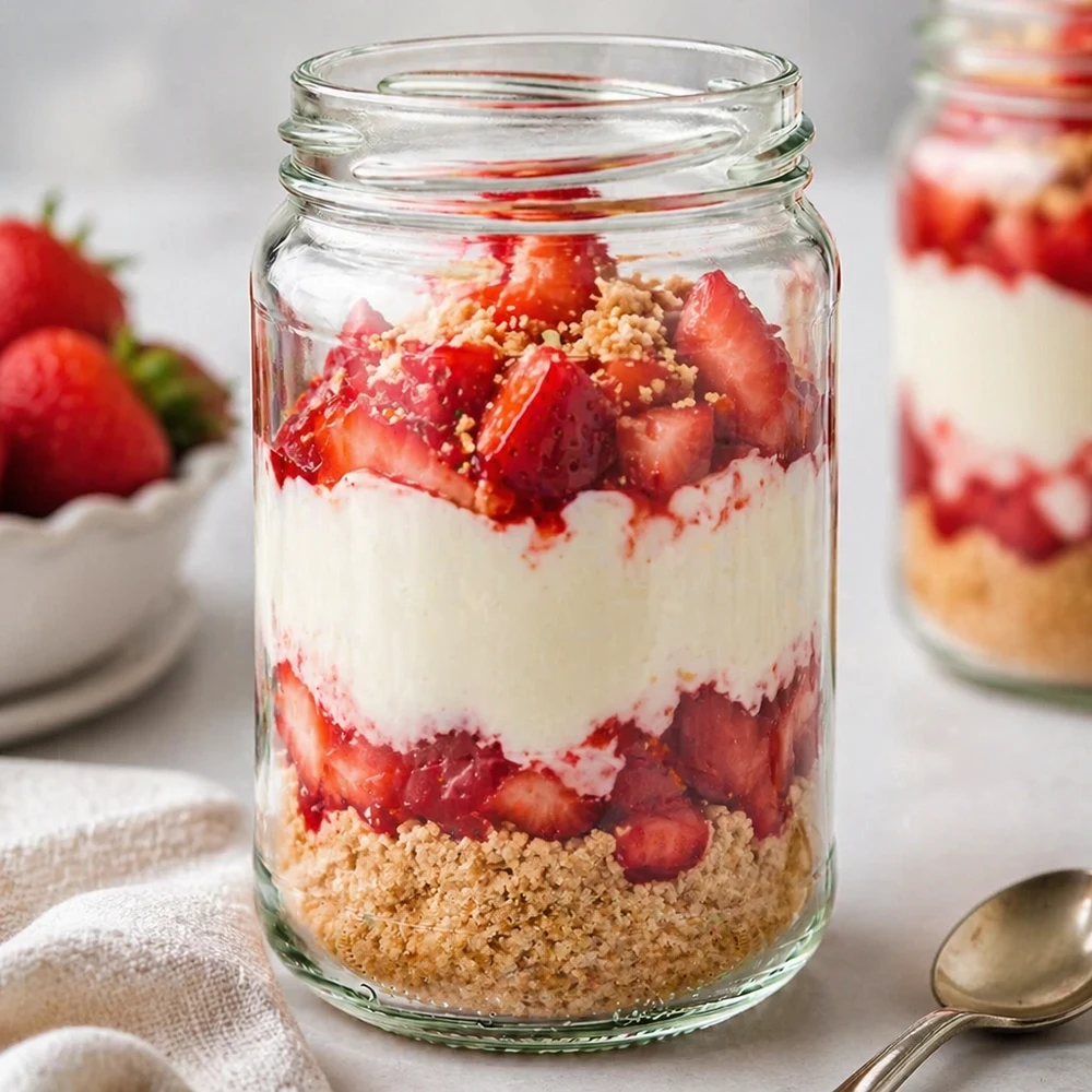 305ml Verre rond sans couvercle (TO63) UNiTWIST Pot rond 305ml rempli de dessert à la fraise montre UNiTWIST Runda305 TO63 Pot à conserves pour desserts à couches et yaourts