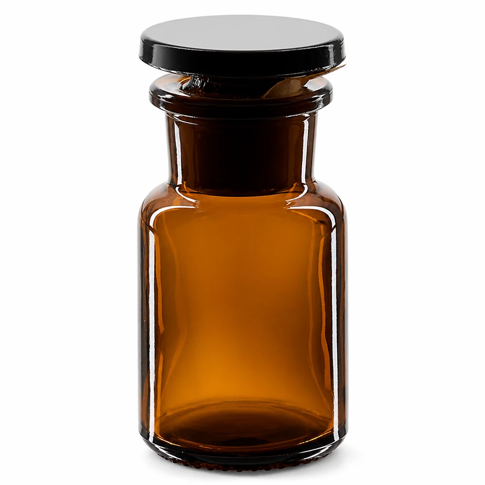 Flacon brun à épaulement arrondi de 50 ml, muni d'un bouchon en verre et d'un goulot large, destiné aux laboratoires et aux pharmacies