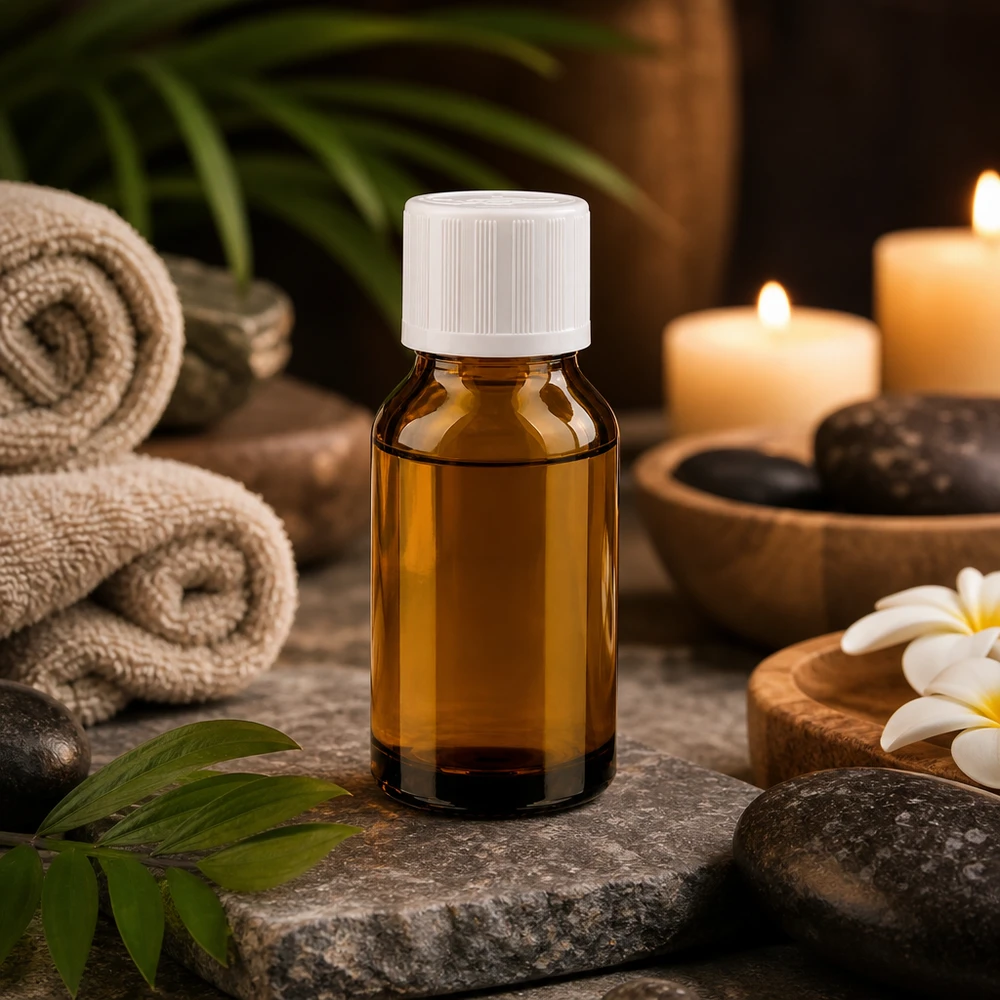 Flacon en verre brun 15ml avec bouchon à vis blanc sécurité enfant St Huile essentielle dans un flacon en verre brun de 15 ml avec un bouchon à vis blanc, dans une ambiance spa