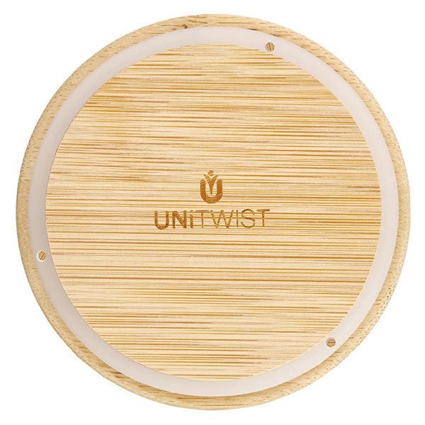 UNITWIСT Couvercle en bois pour WECK RR100 par le haut avec logo visible et veines de bois sur fond blanc