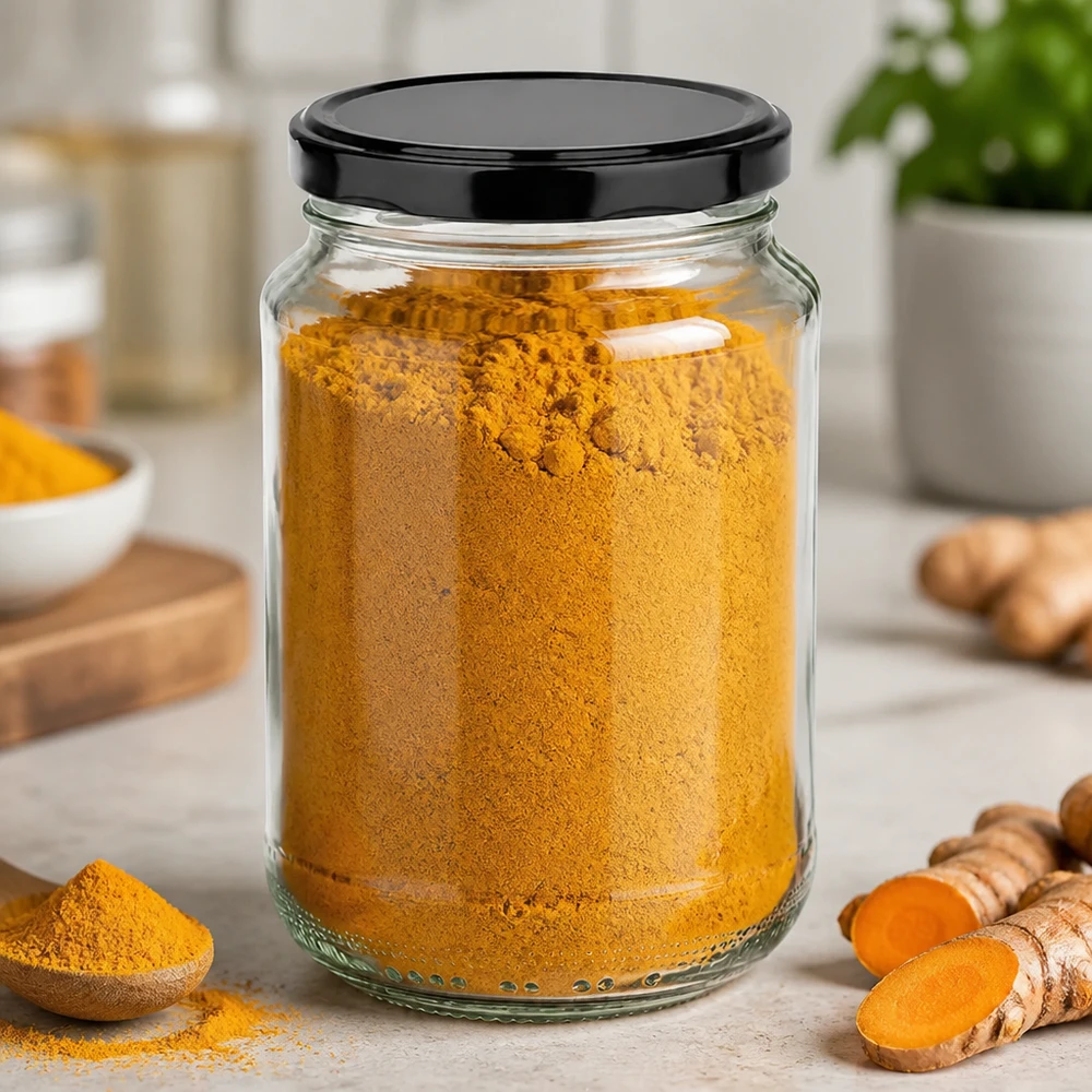 375ml Verre rond avec couvercle BasicSeal noir UNiTWIST 375ml pot rond rempli de poudre de curcuma montre une utilisation pratique comme pot à épices avec couvercle noir