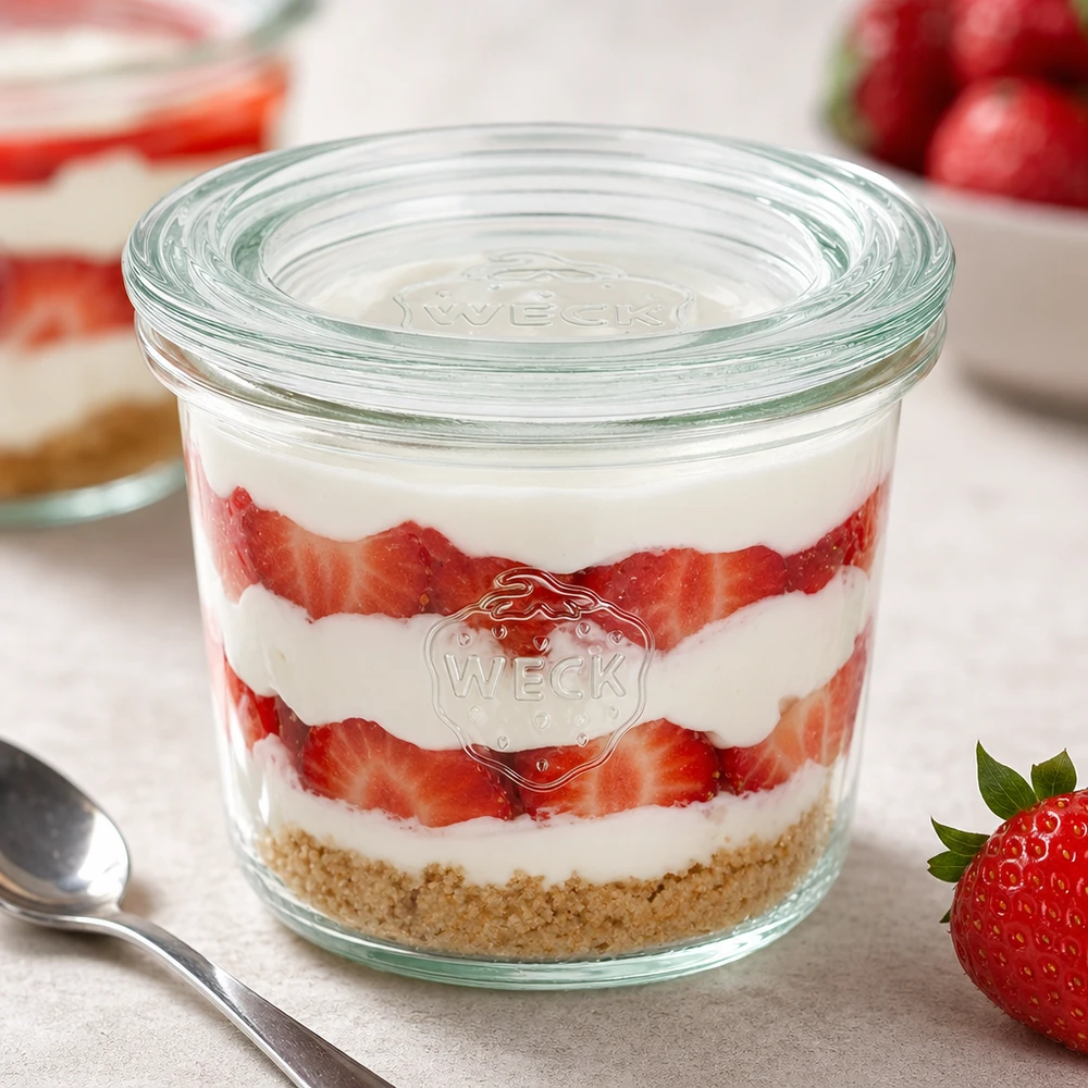 WECK Verre renversé 80ml RR60 rempli de dessert à la fraise et à la crème montre une utilisation polyvalente comme verre à dessert et verre à portions