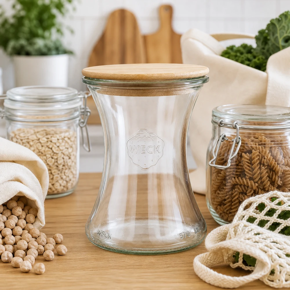 WECK Pot à délicatesse 370ml RR80 avec couvercle en bois dans la cuisine Zero Waste avec boîtes à provisions durables et sacs en tissu